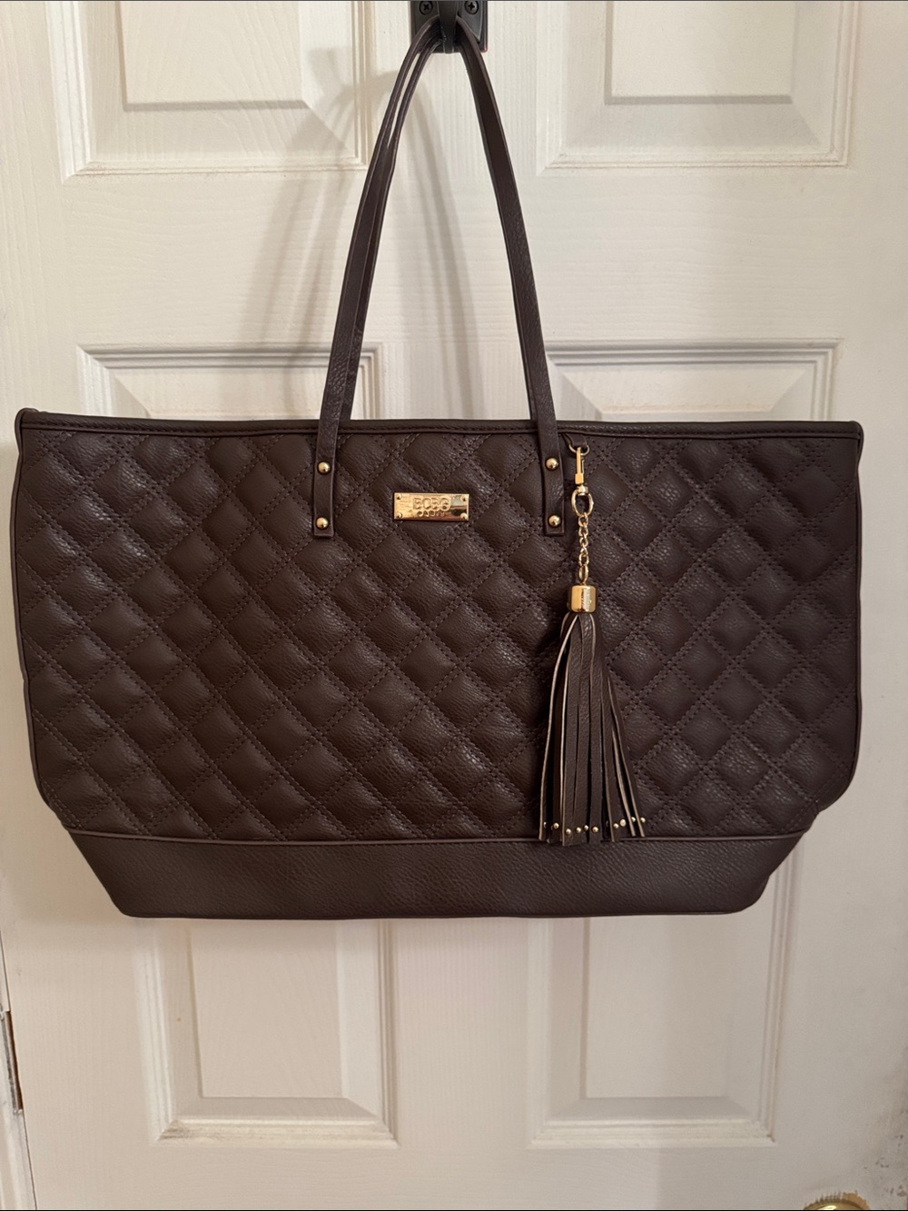 BCBG Paris Quilted Chocolate Brown Tote with Tassel